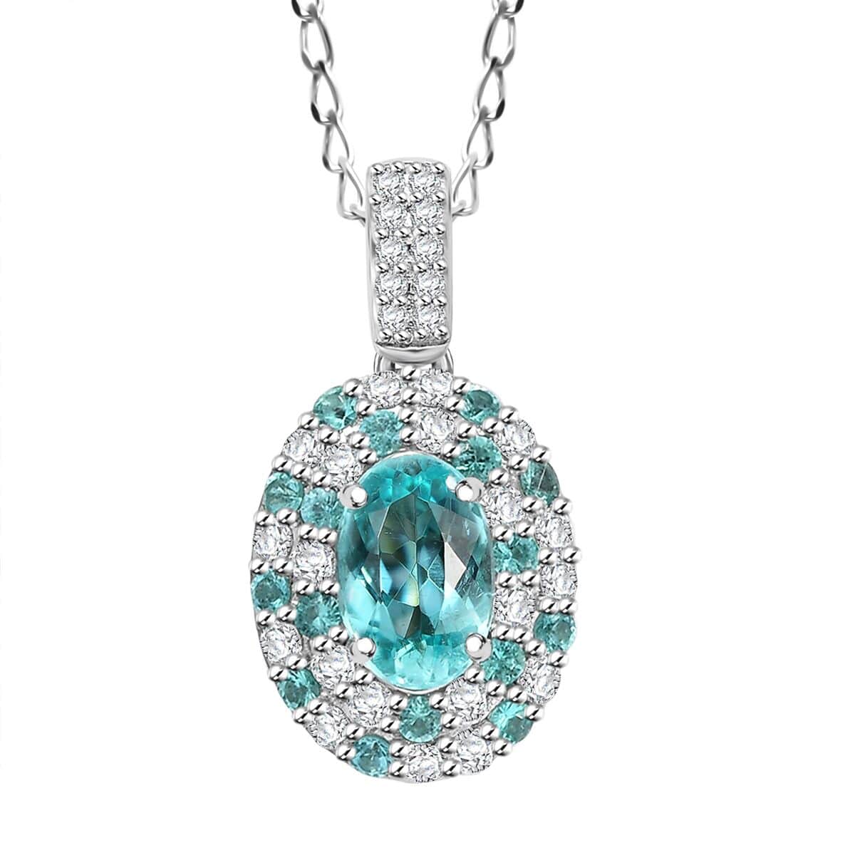 Certified & Appraised Rhapsody AAAA Paraiba Tourmaline and E-F VS Diamond 1.37 ctw Pendant Necklace in 950 Platinum 18 Inches image number 0