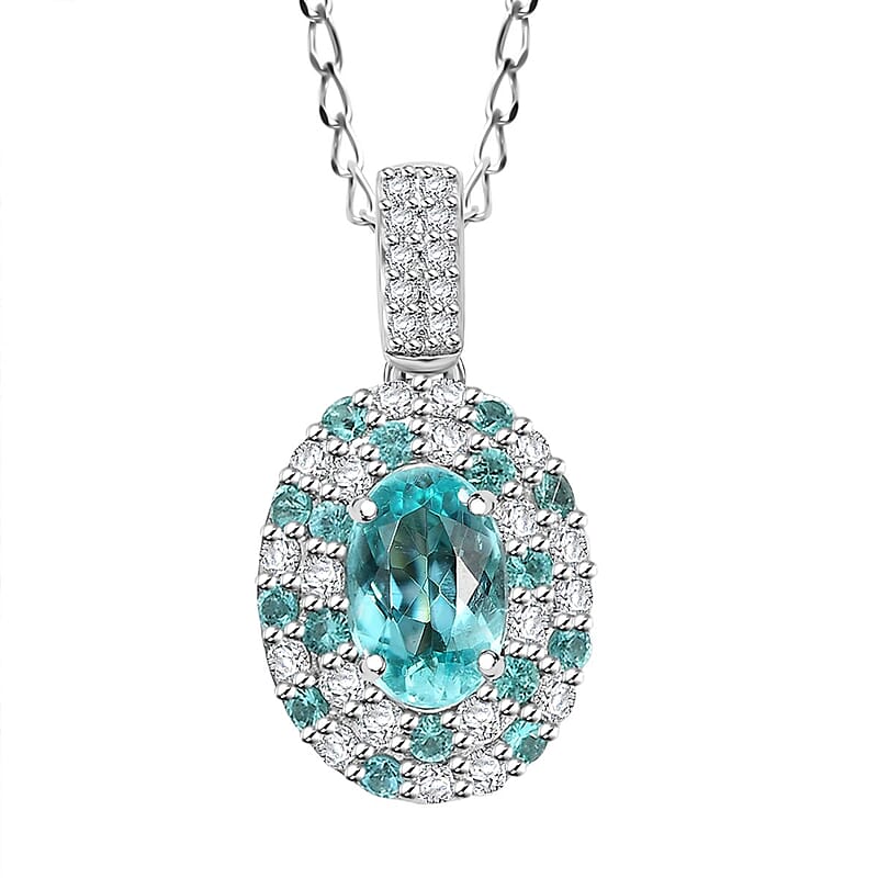 Certified & Appraised Rhapsody AAAA Paraiba Tourmaline and E-F VS Diamond 1.37 ctw Pendant Necklace in 950 Platinum 18 Inches