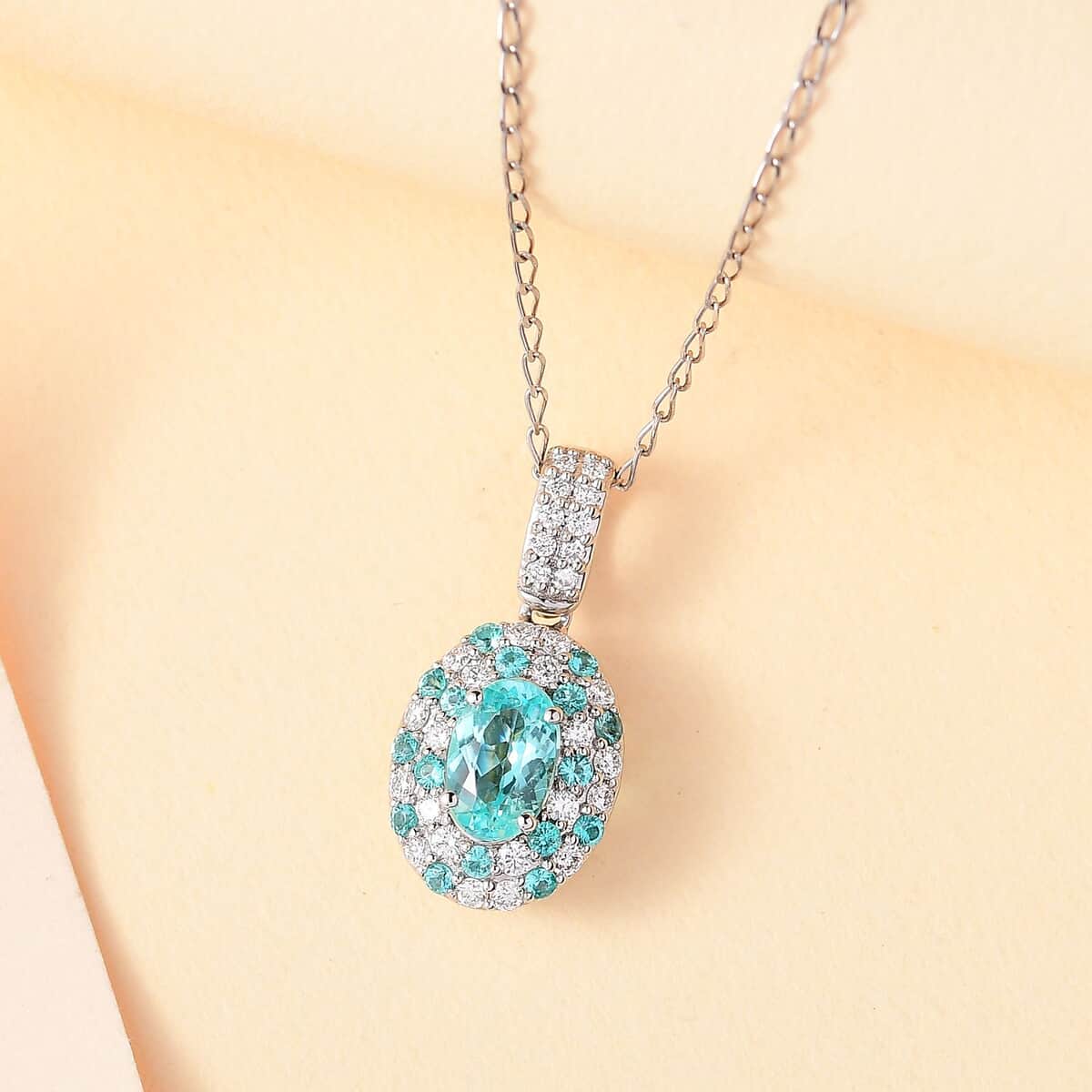 Certified & Appraised Rhapsody AAAA Paraiba Tourmaline and E-F VS Diamond 1.37 ctw Pendant Necklace in 950 Platinum 18 Inches image number 1