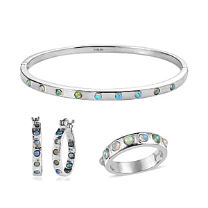Ethiopian Welo Opal 1.90 ctw Band Ring (Size 10.0), Earrings and Bangle Bracelet (7.25 In) in Stainless Steel