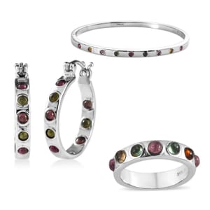Multi-Tourmaline 2.85 ctw Band Ring (Size 6.0), Earrings and Bangle Bracelet (7.25 In) in Stainless Steel