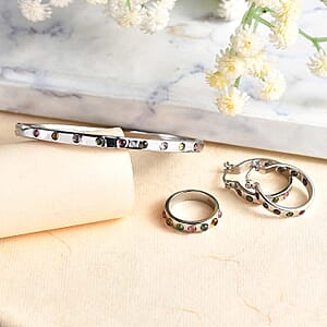 Multi-Tourmaline 2.85 ctw Band Ring (Size 8.0), Earrings and Bangle Bracelet (7.25 In) in Stainless Steel