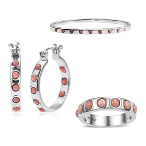 Oregon Peach Opal 2.15 ctw Band Ring (Size 11.0), Earrings and Bangle Bracelet (7.25 In) in Stainless Steel