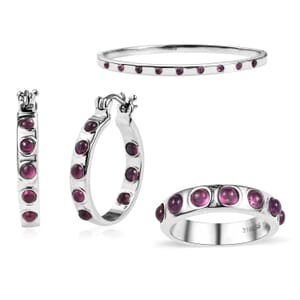Niassa Ruby (FF) 2.85 ctw Band Ring (Size 9.0), Earrings and Bangle Bracelet (7.25 In) in Stainless Steel