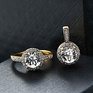 Austrian Crystal 9.17 ctw Ring (Size 11.5) and Pendant in Vermeil YG Over Sterling Silver