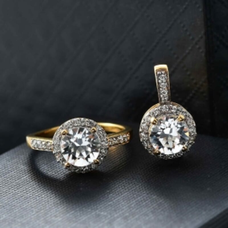 Austrian Crystal 9.17 ctw Ring (Size 11.5) and Pendant in Vermeil YG Over Sterling Silver