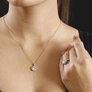 Austrian Crystal 9.17 ctw Ring (Size 11.5) and Pendant in Vermeil YG Over Sterling Silver