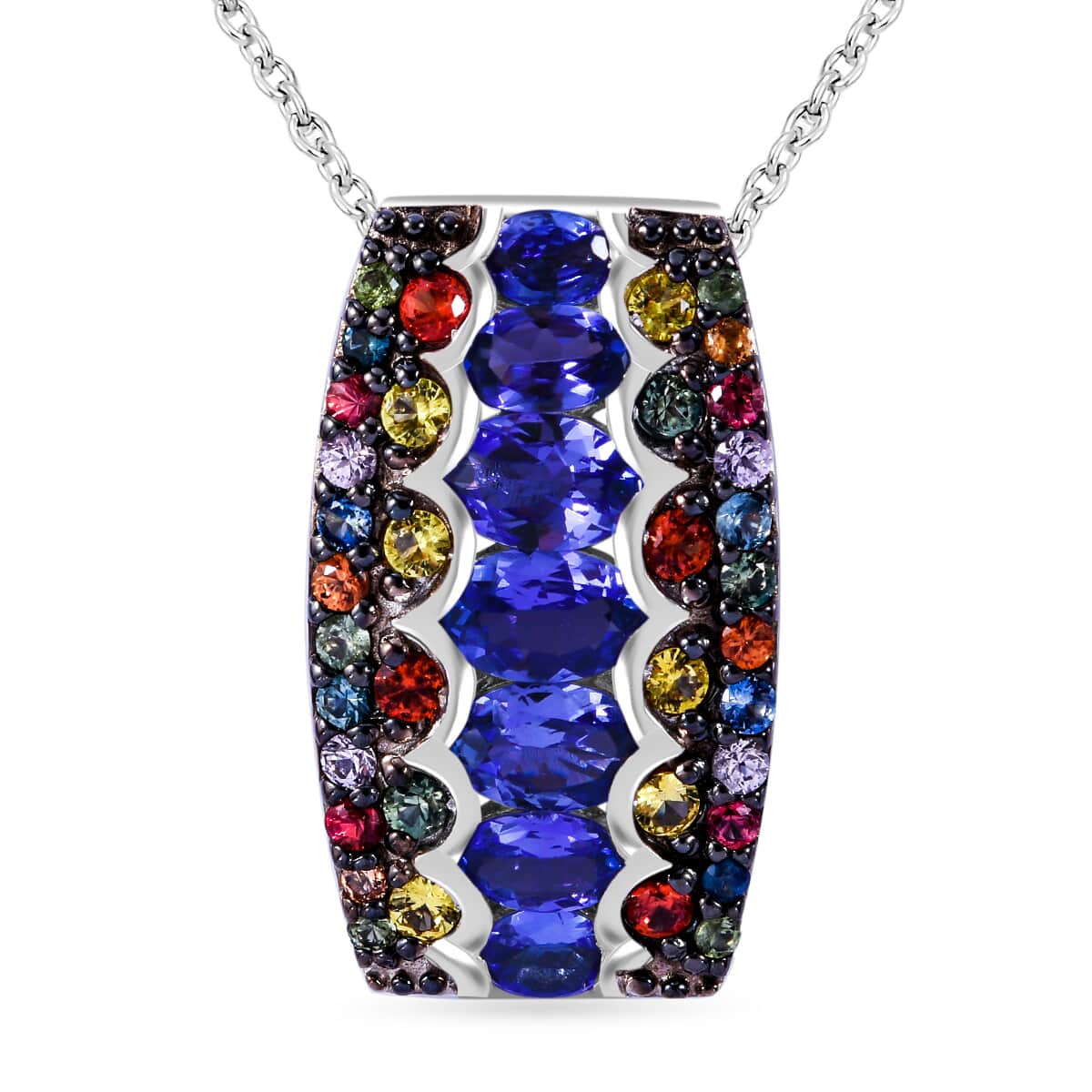 Tanzanite and Multi Sapphire 3.30 ctw Prismatic Glory Pendant Necklace in Rhodium Over Sterling Silver 20 Inches image number 0