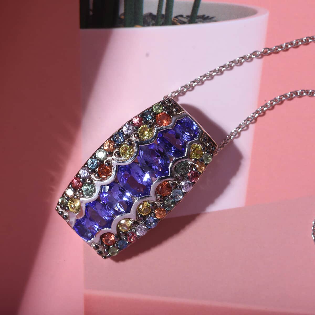 Tanzanite and Multi Sapphire 3.30 ctw Prismatic Glory Pendant Necklace in Rhodium Over Sterling Silver 20 Inches image number 1