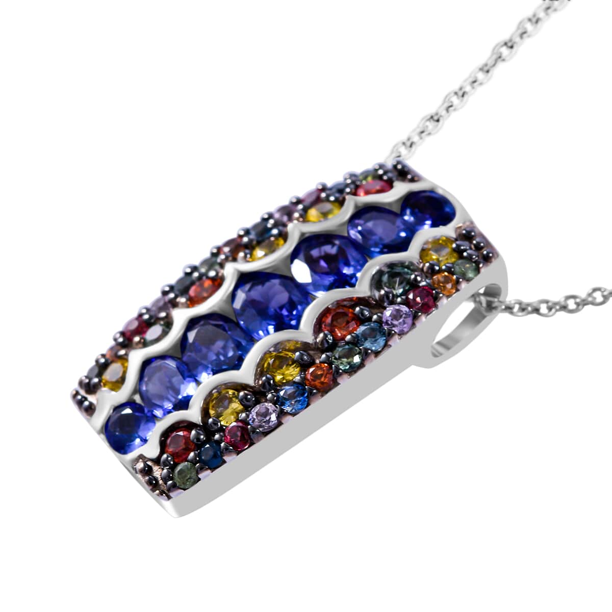 Tanzanite and Multi Sapphire 3.30 ctw Prismatic Glory Pendant Necklace in Rhodium Over Sterling Silver 20 Inches image number 3