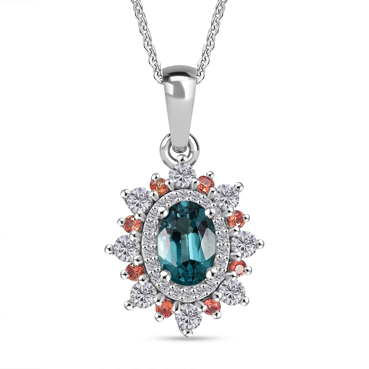 AAA Monte Belo Indicolite and Multi Gemstone 1.10 ctw Sunburst Pendant Necklace 20 Inches in Rhodium Over Sterling Silver image number 0