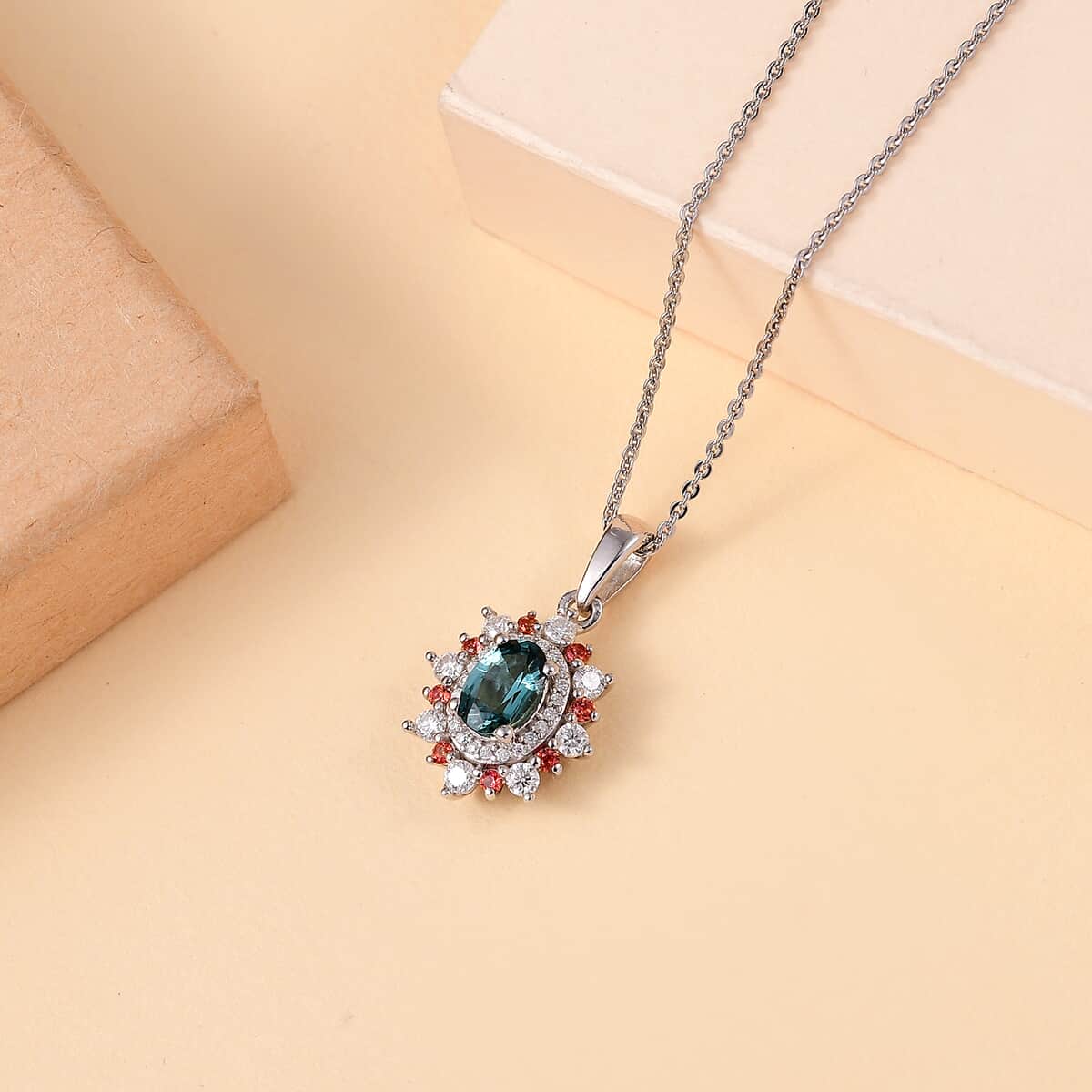 AAA Monte Belo Indicolite and Multi Gemstone 1.10 ctw Sunburst Pendant Necklace 20 Inches in Rhodium Over Sterling Silver image number 1