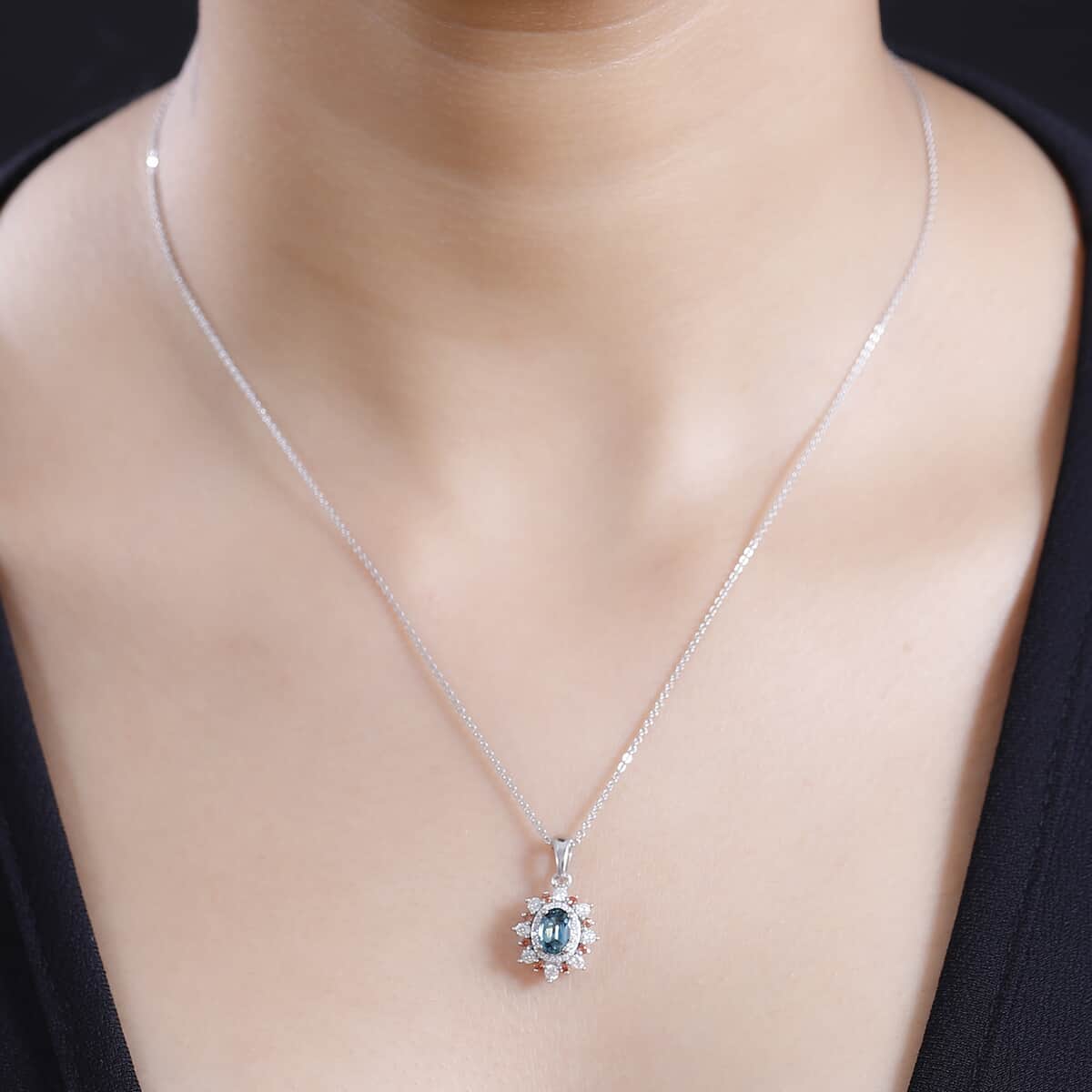 AAA Monte Belo Indicolite and Multi Gemstone 1.10 ctw Sunburst Pendant Necklace 20 Inches in Rhodium Over Sterling Silver image number 2