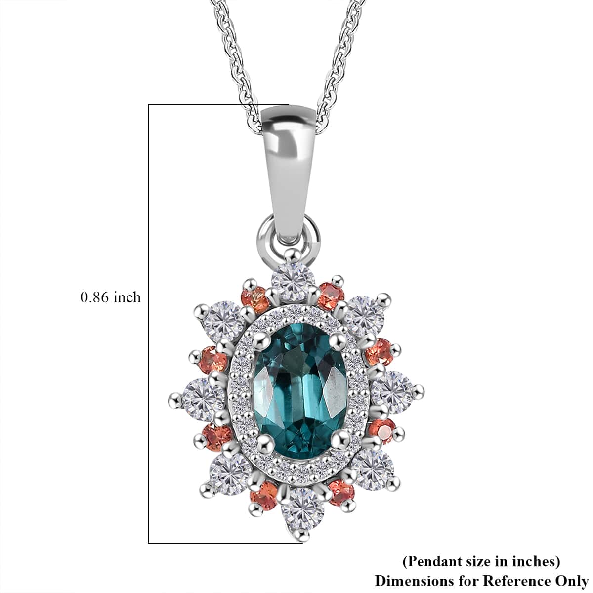 AAA Monte Belo Indicolite and Multi Gemstone 1.10 ctw Sunburst Pendant Necklace 20 Inches in Rhodium Over Sterling Silver image number 6