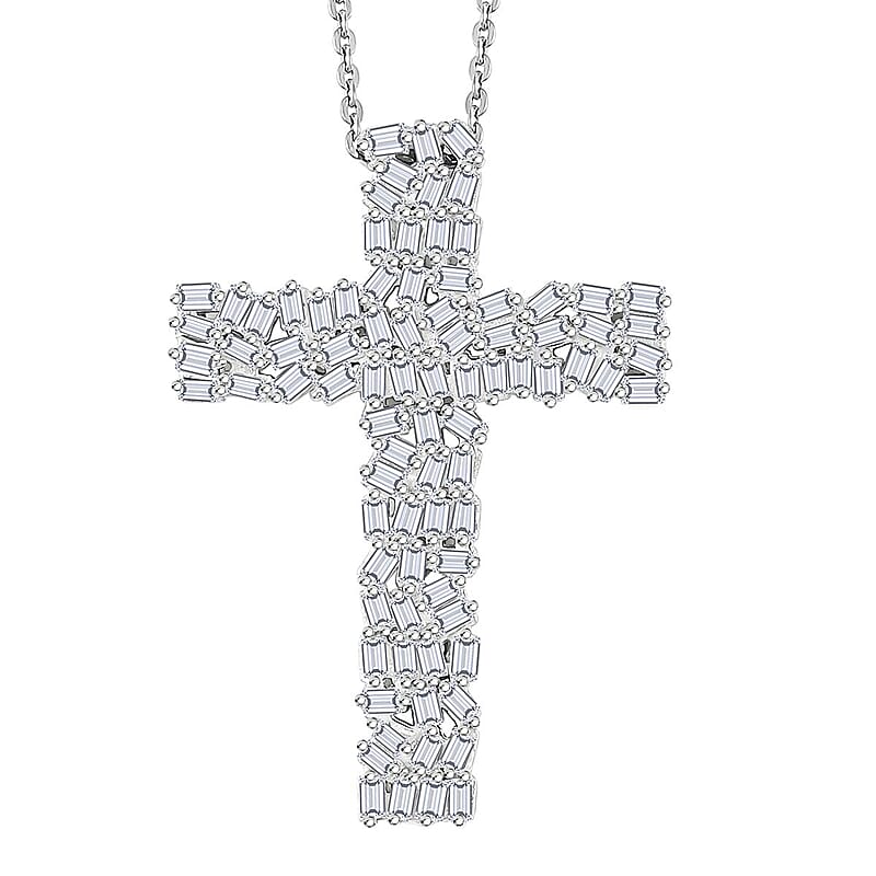 White Diamond 1.00 ctw Fire Crackle Cross Pendant Necklace in Rhodium Over Sterling Silver 20 Inches