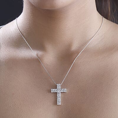 White Diamond 1.00 ctw Fire Crackle Cross Pendant Necklace in Rhodium Over Sterling Silver 20 Inches
