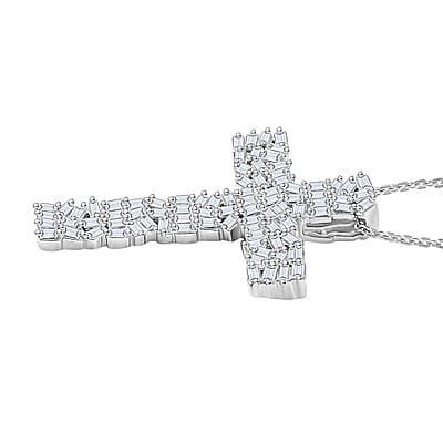 White Diamond 1.00 ctw Fire Crackle Cross Pendant Necklace in Rhodium Over Sterling Silver 20 Inches