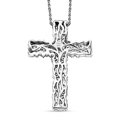 White Diamond 1.00 ctw Fire Crackle Cross Pendant Necklace in Rhodium Over Sterling Silver 20 Inches