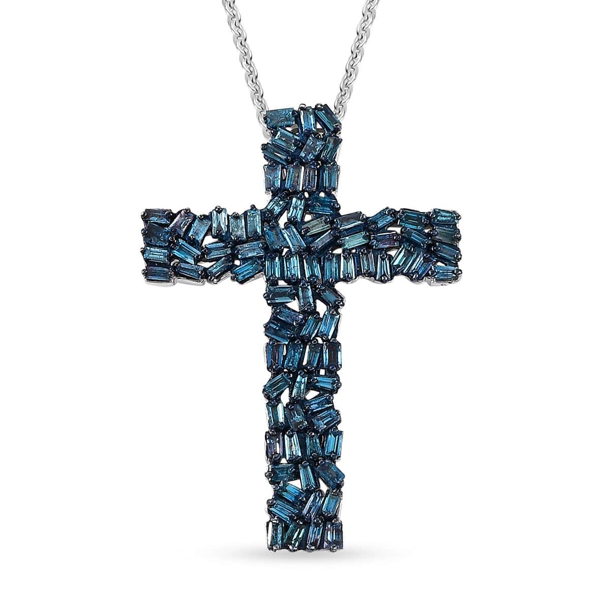 Blue Diamond 1.00 ctw Fire Crackle Cross Pendant Necklace in Rhodium Over Sterling Silver 20 Inches image number 0