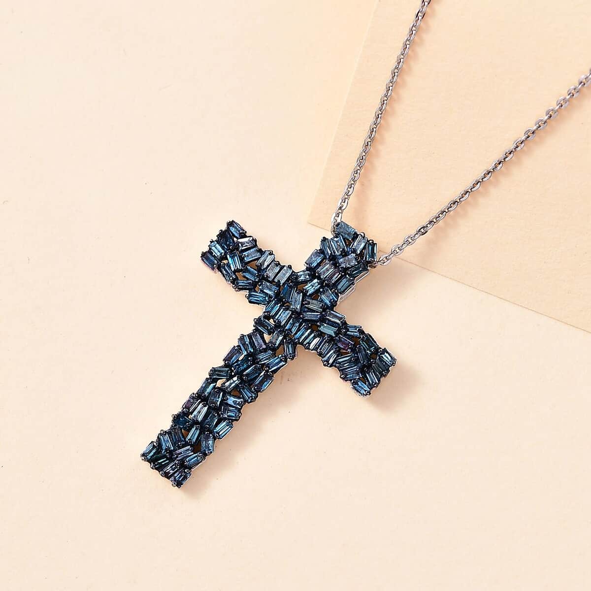 Blue Diamond 1.00 ctw Fire Crackle Cross Pendant Necklace in Rhodium Over Sterling Silver 20 Inches image number 1