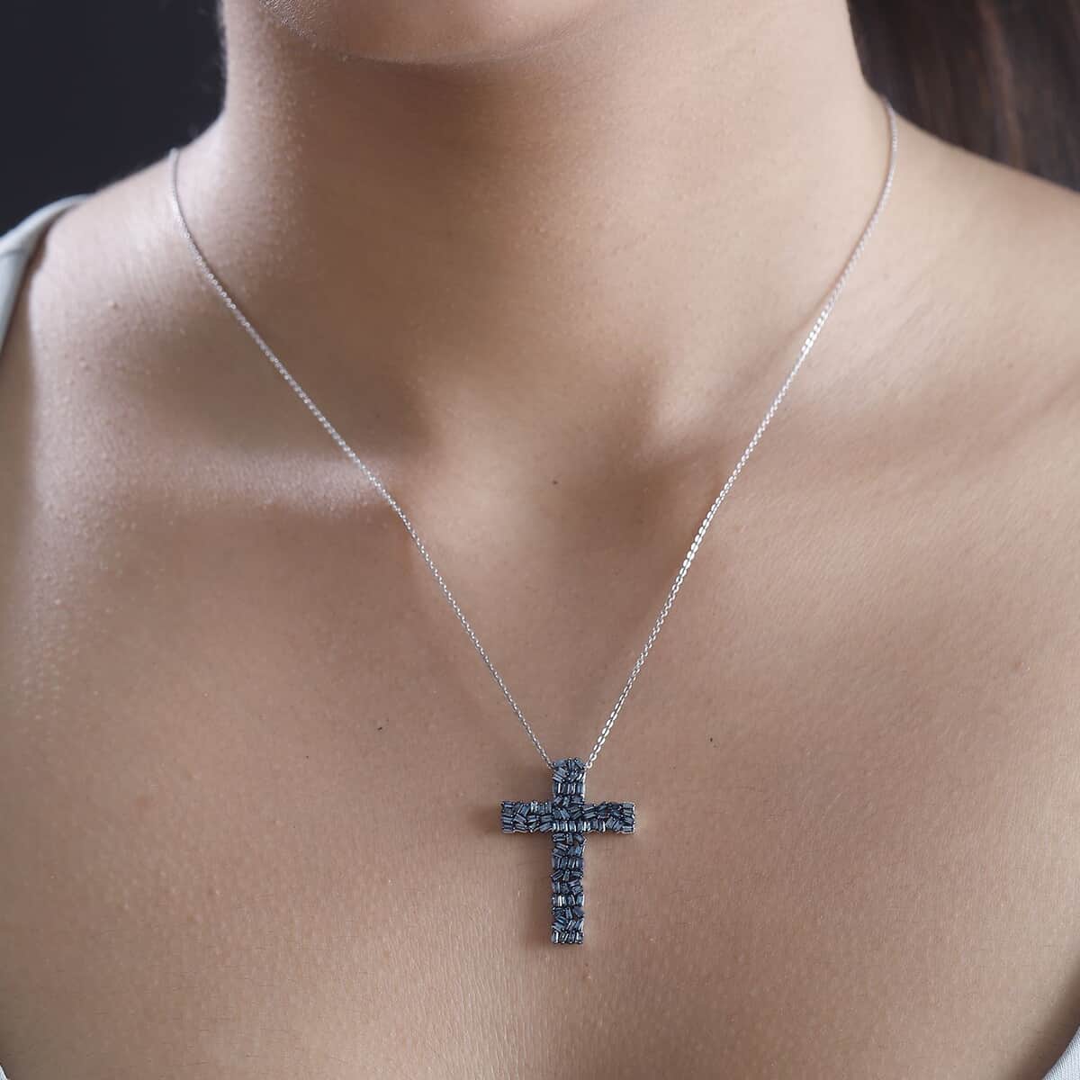 Blue Diamond 1.00 ctw Fire Crackle Cross Pendant Necklace in Rhodium Over Sterling Silver 20 Inches image number 2