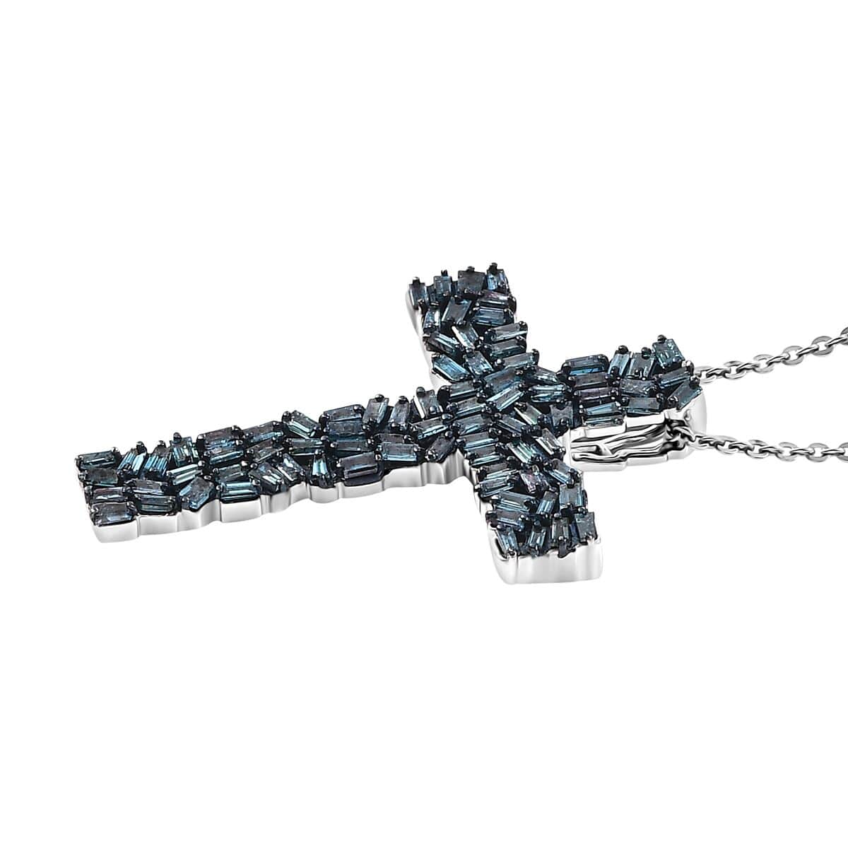 Blue Diamond 1.00 ctw Fire Crackle Cross Pendant Necklace in Rhodium Over Sterling Silver 20 Inches image number 3