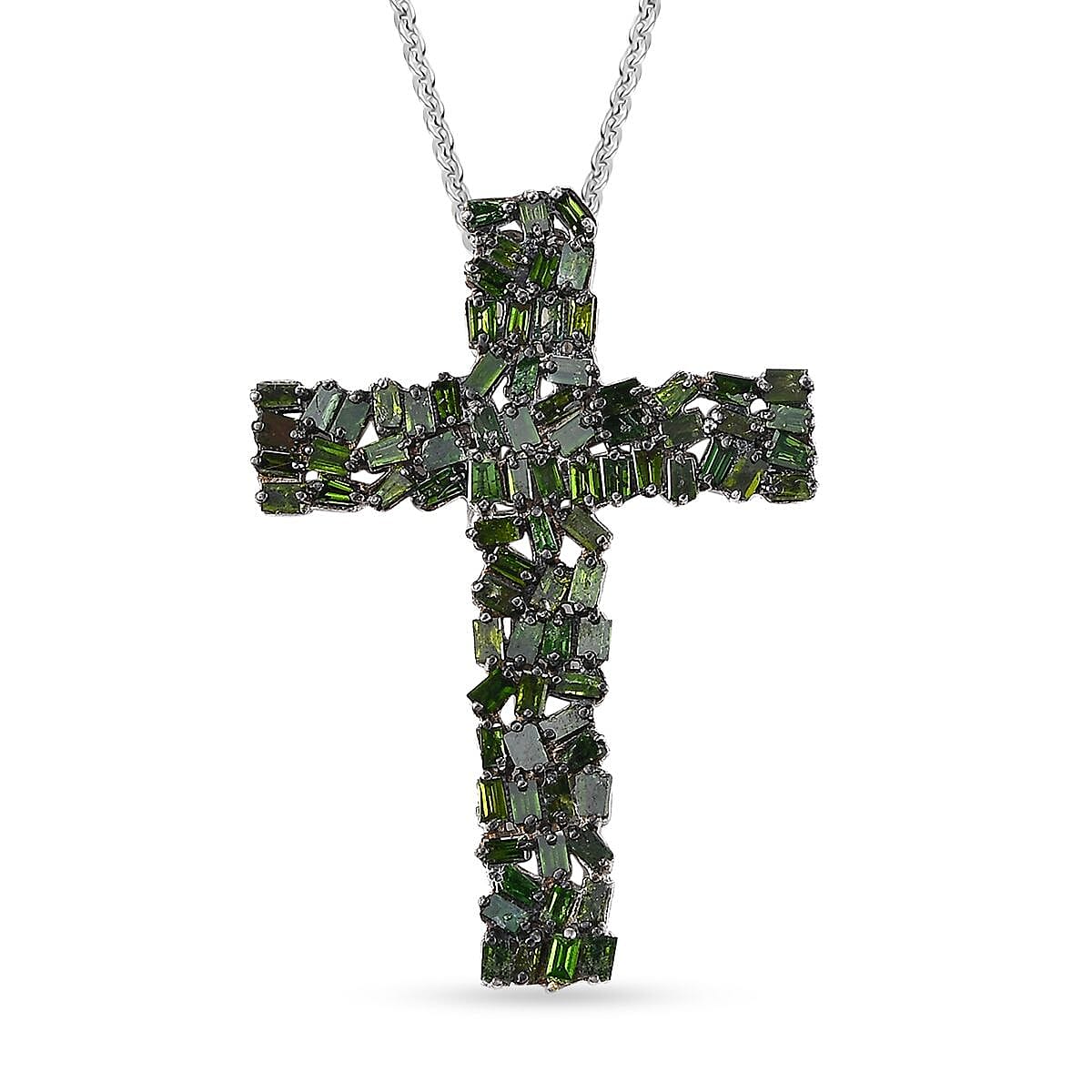 Green Diamond 1.00 ctw Fire Crackle Cross Pendant Necklace in Rhodium Over Sterling Silver 20 Inches image number 0