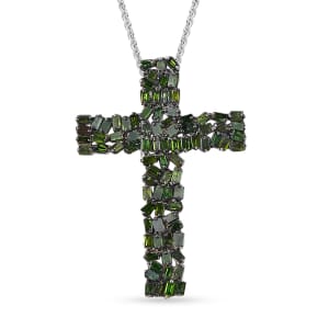 Green Diamond 1.00 ctw Fire Crackle Cross Pendant Necklace in Rhodium Over Sterling Silver 20 Inches