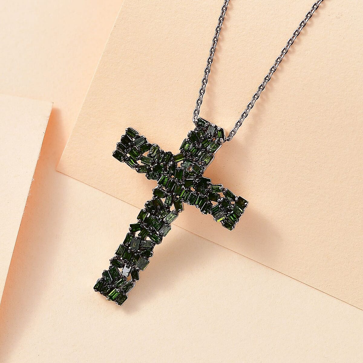 Green Diamond 1.00 ctw Fire Crackle Cross Pendant Necklace in Rhodium Over Sterling Silver 20 Inches image number 1