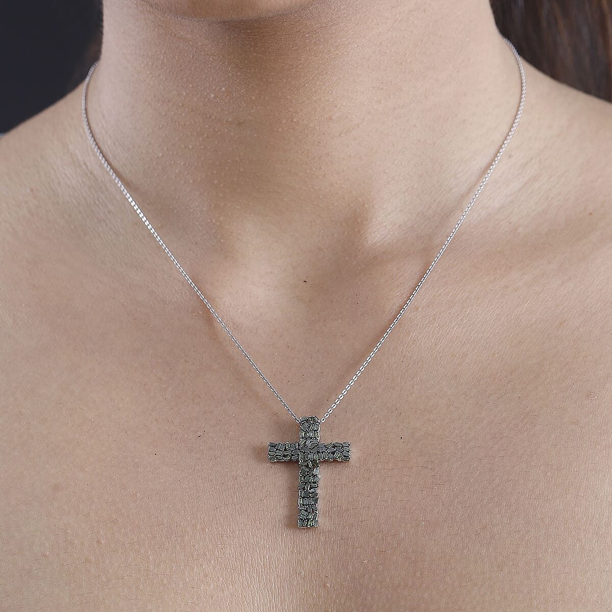 Green Diamond 1.00 ctw Fire Crackle Cross Pendant Necklace in Rhodium Over Sterling Silver 20 Inches image number 2