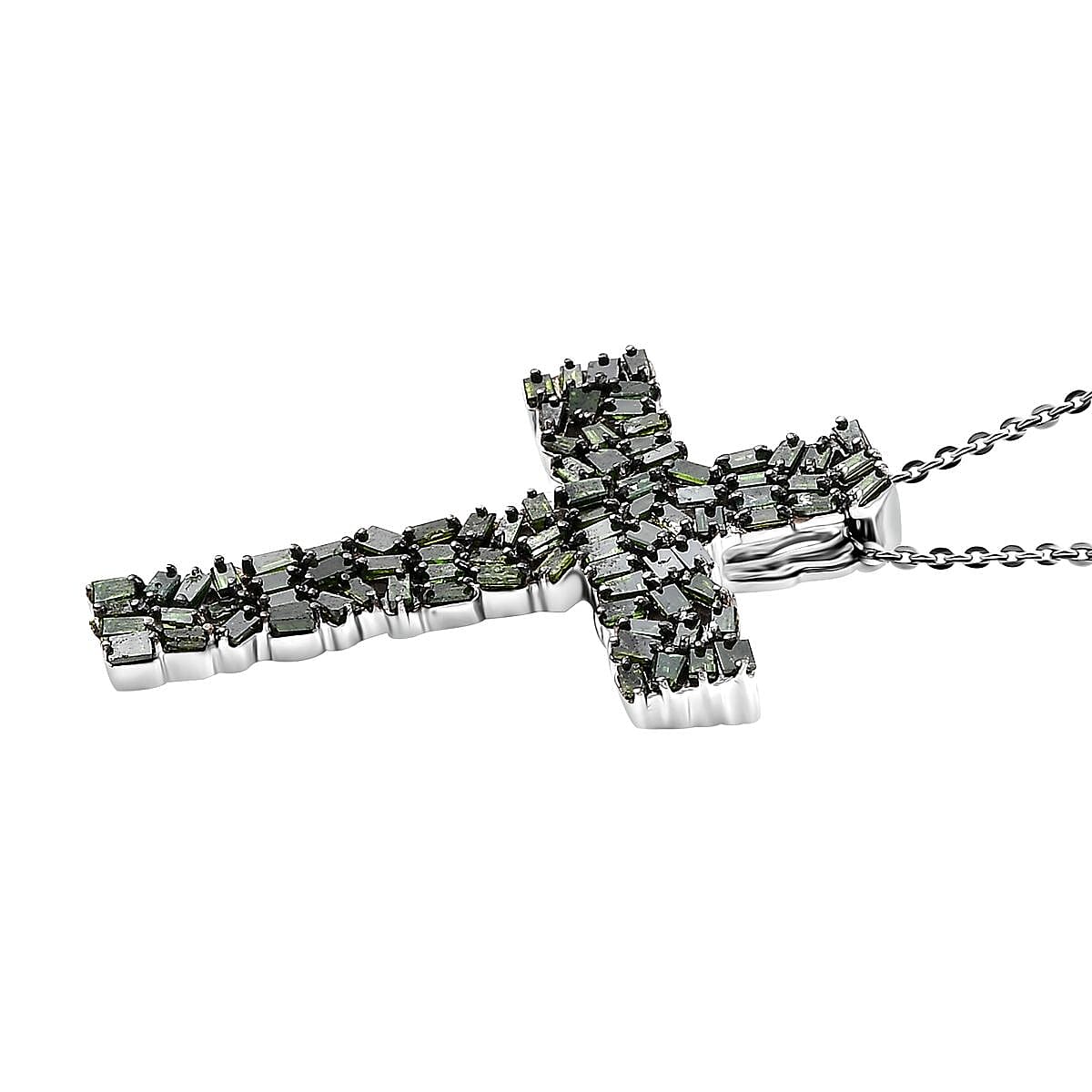 Green Diamond 1.00 ctw Fire Crackle Cross Pendant Necklace in Rhodium Over Sterling Silver 20 Inches image number 3