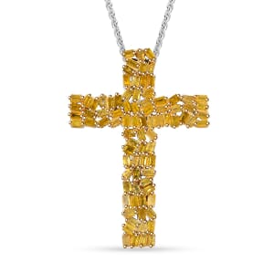 Yellow Diamond 1.00 ctw Fire Crackle Cross Pendant Necklace in Rhodium Over Sterling Silver 20 Inches