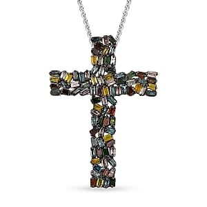 D'Joy Multi Color Diamond 1.00 ctw Fire Crackle Cross Pendant Necklace in Rhodium Over Sterling Silver 20 Inches