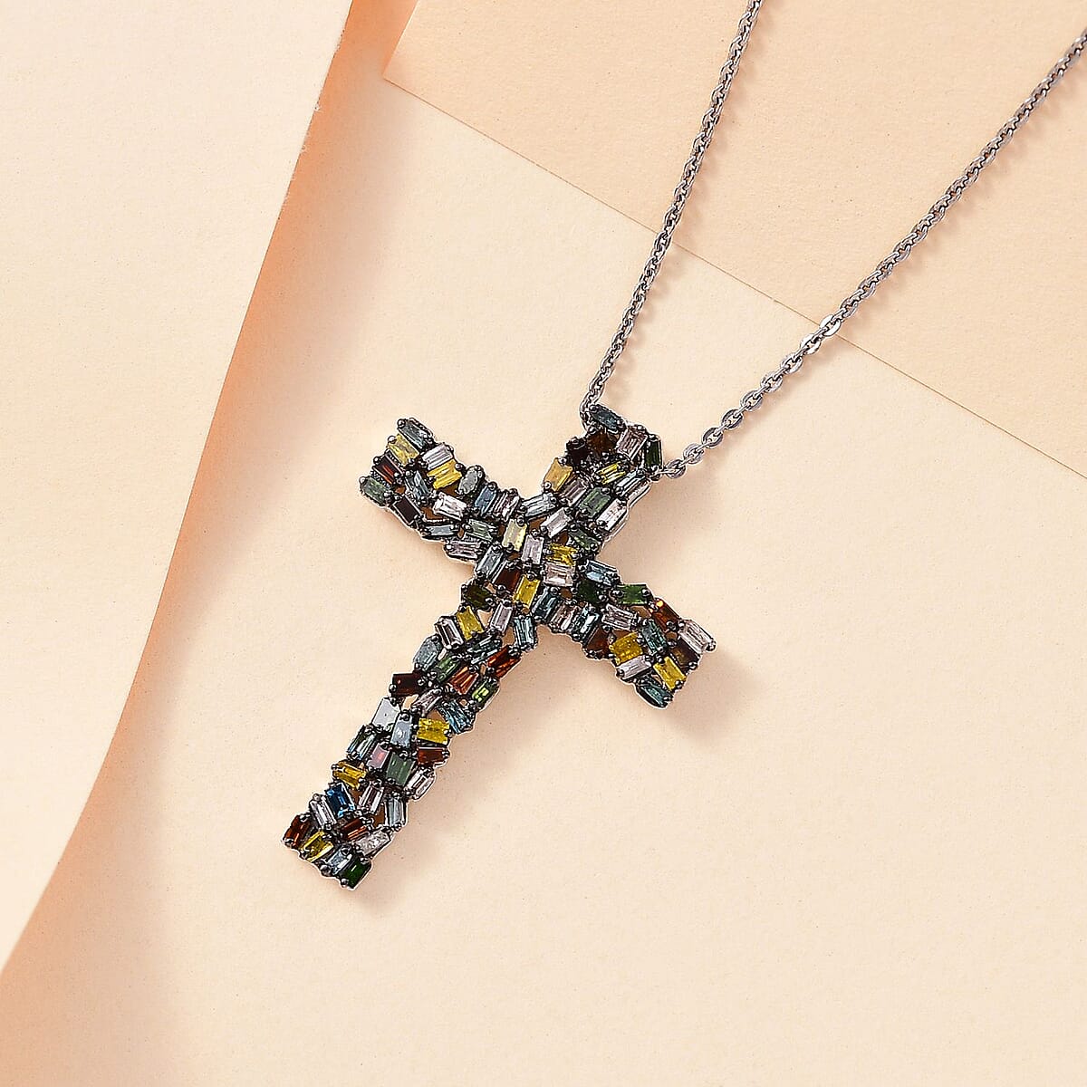 Multi Color Diamond 1.00 ctw Fire Crackle Cross Pendant Necklace in Rhodium Over Sterling Silver 20 Inches image number 1