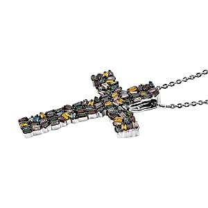 D'Joy Multi Color Diamond 1.00 ctw Fire Crackle Cross Pendant Necklace in Rhodium Over Sterling Silver 20 Inches
