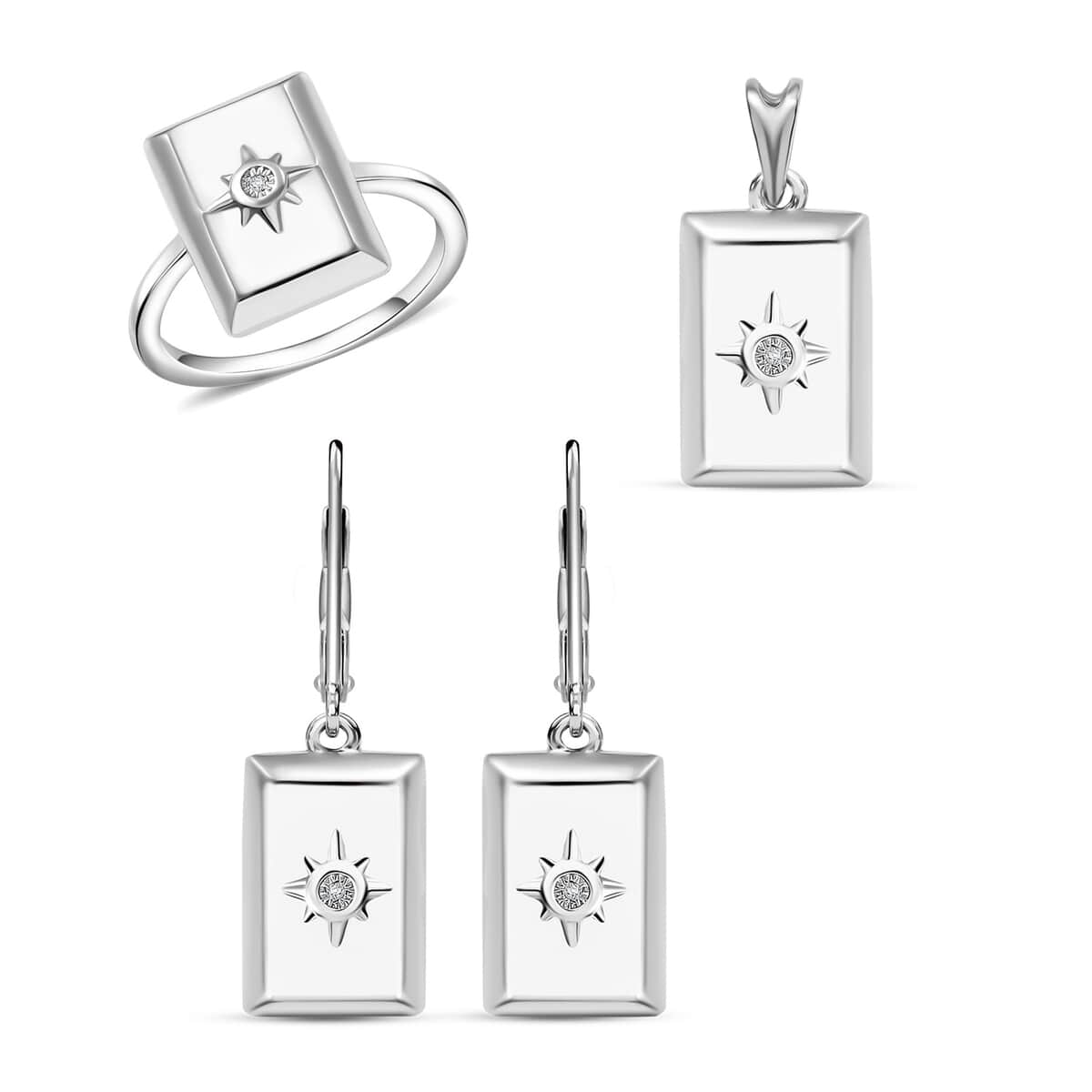 Set of 3, White Diamond Bar Ring (Size 7.0), Earrings and Pendant in Sterling Silver  image number 0