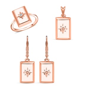 Set of 3, White Diamond Bar Ring (Size 9.0), Earrings and Pendant without Chain in 18K Vermeil RG Over Sterling Silver
