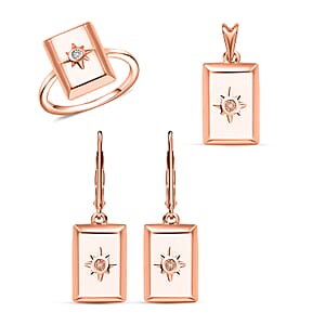 Set of 3, White Diamond Bar Ring (Size 11.0), Earrings and Pendant without Chain in 18K Vermeil RG Over Sterling Silver