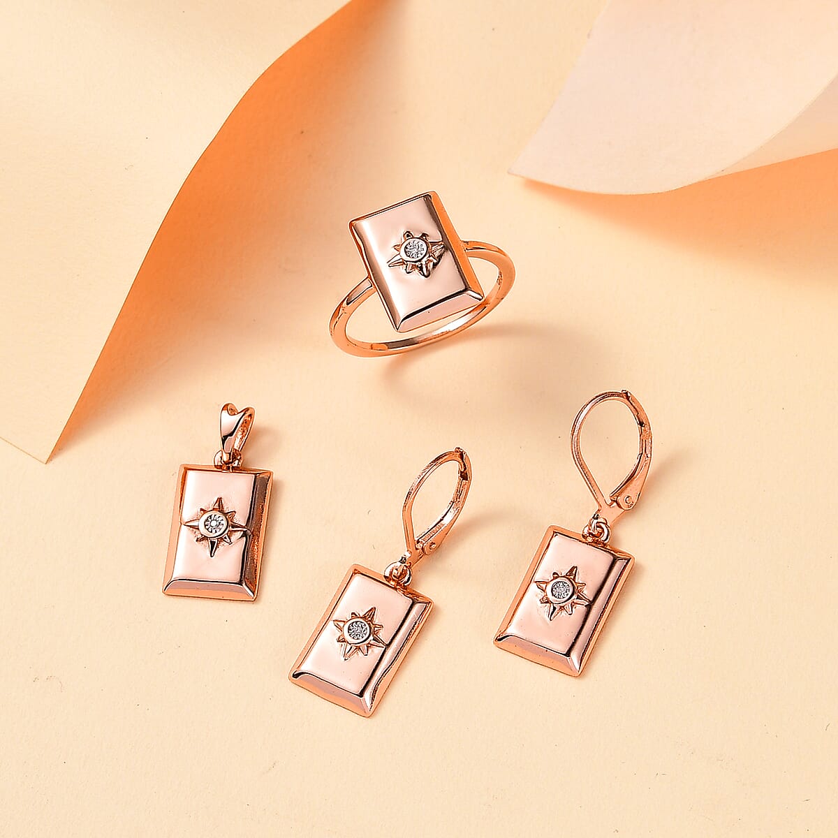 Set of 3, White Diamond Bar Ring (Size 11.0), Earrings and Pendant without Chain in 18K Vermeil RG Over Sterling Silver image number 1