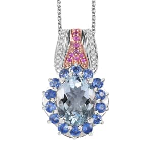 Premium Mangoro Aquamarine and Multi Gemstone 3.65 ctw Pendant Necklace 20 Inches in Vermeil RG and Rhodium Over Sterling Silver