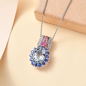 Premium Mangoro Aquamarine and Multi Gemstone 3.65 ctw Pendant Necklace 20 Inches in Vermeil RG and Rhodium Over Sterling Silver