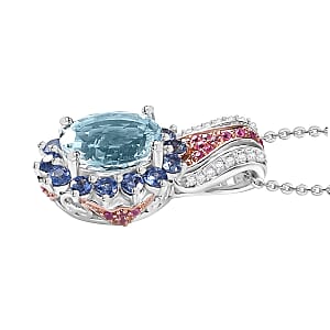 Premium Mangoro Aquamarine and Multi Gemstone 3.65 ctw Pendant Necklace 20 Inches in Vermeil RG and Rhodium Over Sterling Silver