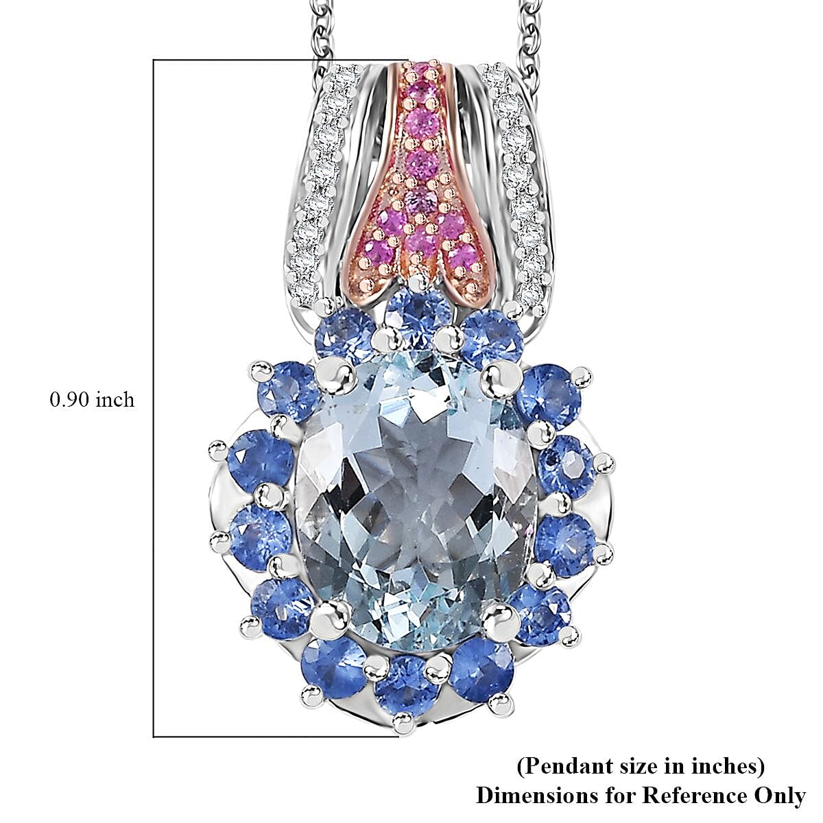 Premium Mangoro Aquamarine and Multi Gemstone 3.65 ctw Pendant Necklace 20 Inches in Vermeil RG and Rhodium Over Sterling Silver