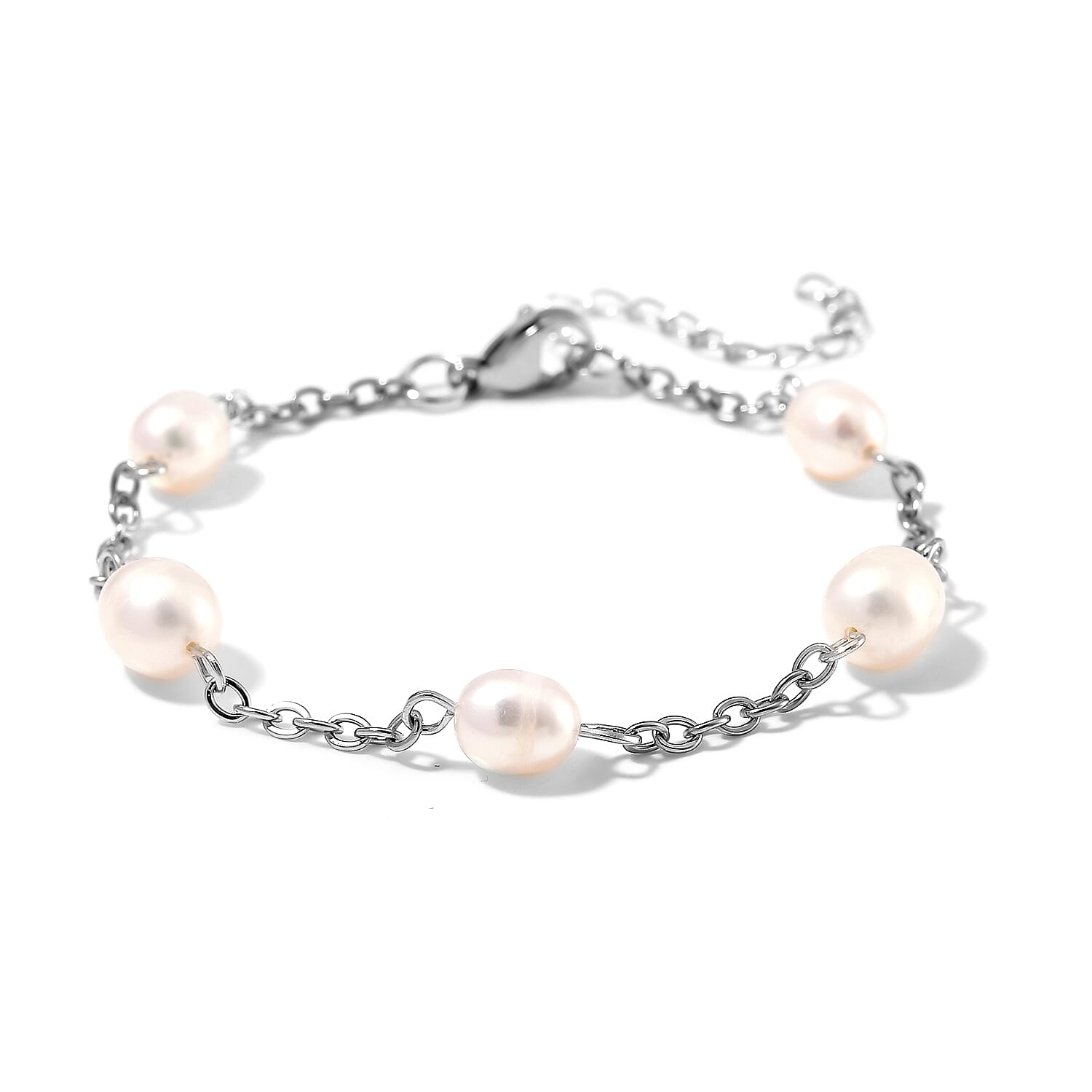 White Color Freshwater Pearl Station Necklace (18-20 Inches) and Bracelet (7.00-9.00In) in Stainless Steel