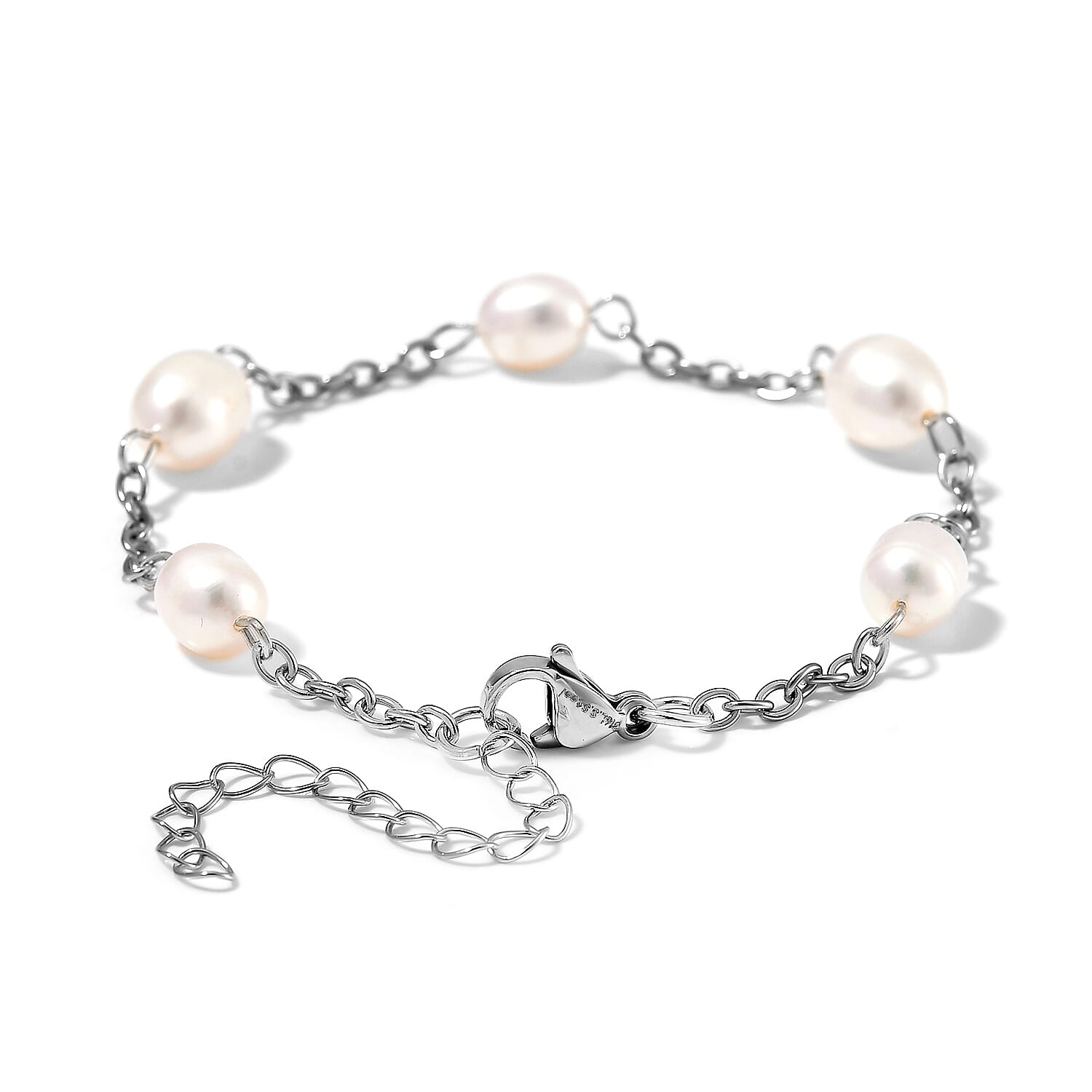 White Color Freshwater Pearl Station Necklace (18-20 Inches) and Bracelet (7.00-9.00In) in Stainless Steel