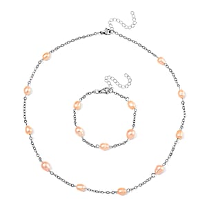 Peach Color Freshwater Pearl Station Necklace (18-20 Inches) and Bracelet (7.00-9.00In) in Stainless Steel