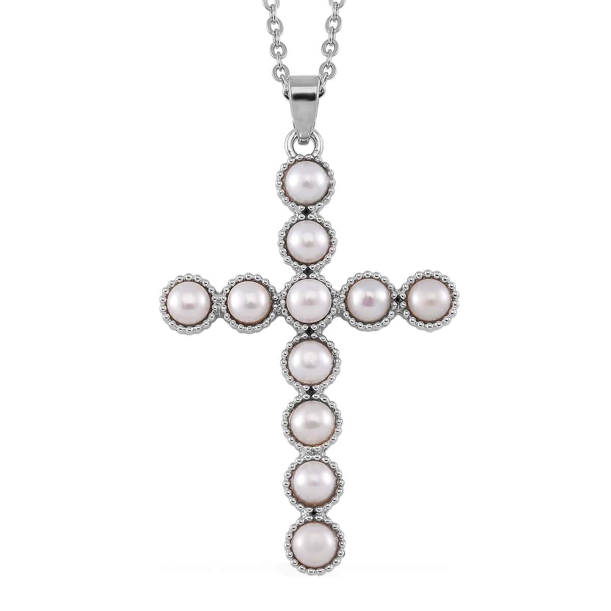 White Freshwater Pearl Cross Pendant in Silvertone with Stainless Steel Necklace 20 Inches image number 0