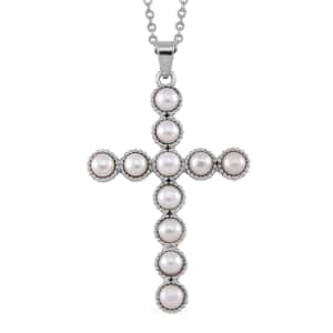 White Freshwater Pearl Cross Pendant in Silvertone with Stainless Steel Necklace 20 Inches