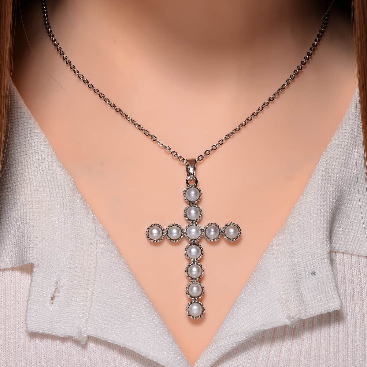 White Freshwater Pearl Cross Pendant in Silvertone with Stainless Steel Necklace 20 Inches image number 1