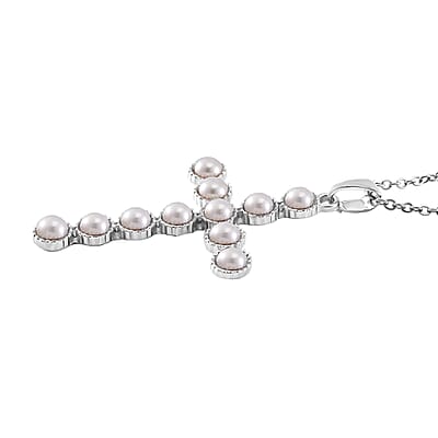 White Freshwater Pearl Cross Pendant in Silvertone with Stainless Steel Necklace 20 Inches